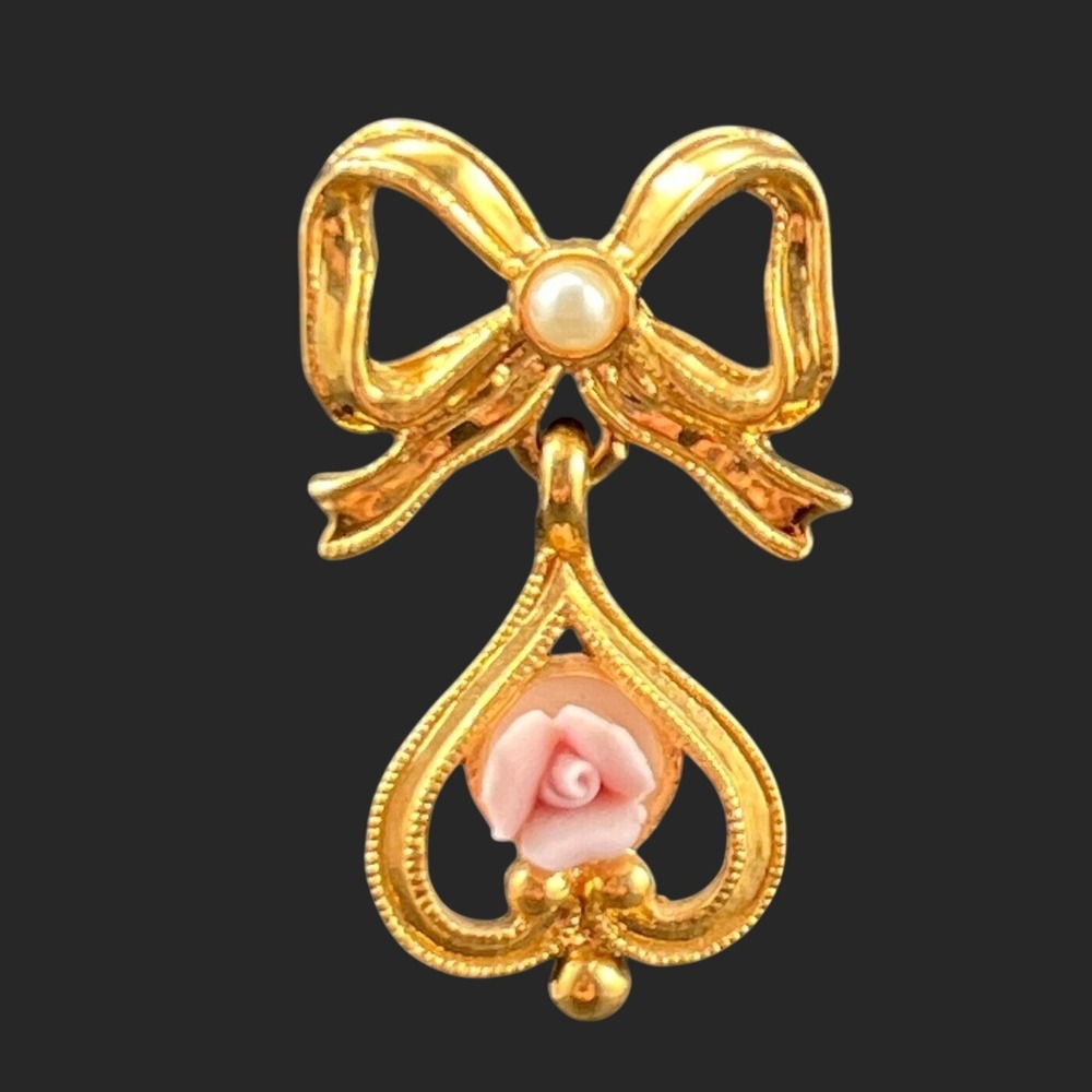 Vintage Avon Pin Gold Tone Pink Rose Bow Faux Pearl Feminine